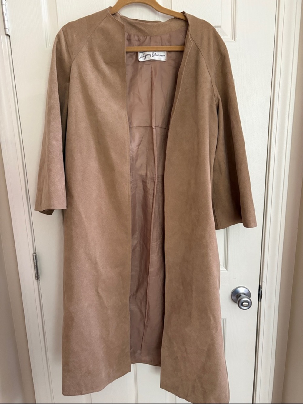 Vintage Collarless Suede Long Trench Coat in Taupe Camel Lined Shannon Rodger’s